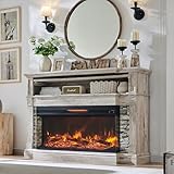 RedLemon 3-Sided Glass Fireplace TV Stand for TVs up to 65'', 52'' Electric Fireplace with Mantel, 36'' Tall Highboy Farmhouse Entertainment Center with Storage for Living Room, Antique Brush White