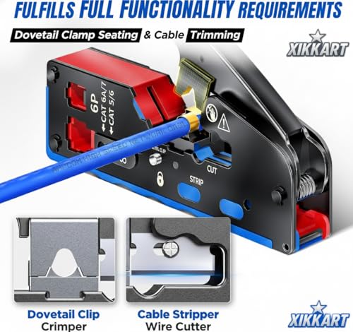 Image of XIKKART Cat7 RJ45 Crimping Tool Kit | Pass Through Ethernet Cable Crimper with Wire Stripper & Cutter | Heavy Duty Network Cable Installtion Crimper Tool for Cat7 Cat6A Cat6 Cat5e Connectors, (Blue)