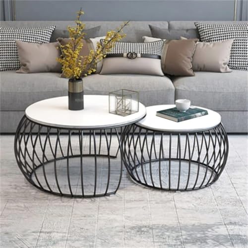 Image of Modern Coffee Tables Round Marble Laminated Tables Set of 2, Stacking Couch Center Table with Golden Metal Frame for Living Room, Bedroom or Apartments (Black White)