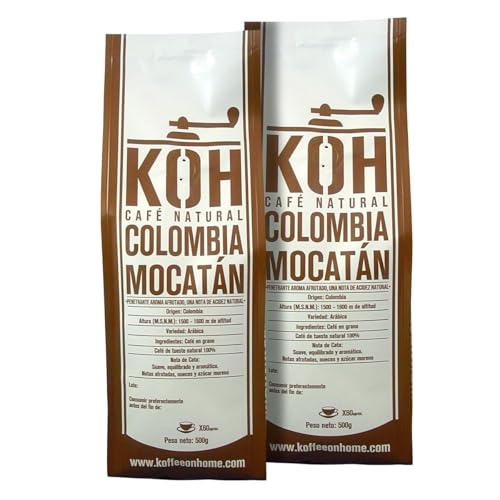 KoffeeONHOME Café Colombia Mocatán en Grano Arábica Tueste Natural 2 Paquetes de 500 gr 1Kg