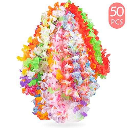 Yidaxing 50 Stück Tropische Hawaii Luau Blume Leis Halsketten Hawaiikette Ideal für Kostüm, Strand Motto Luau Party Dekoration Geschenke, 50 Farben