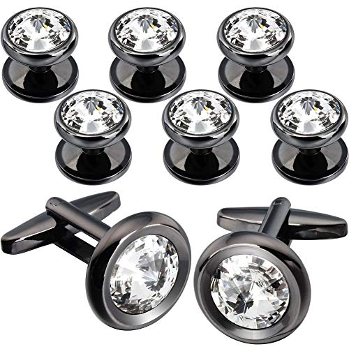 AMITER Swarovski Crystal Cufflinks and Tuxedo Studs Sets for Men - Eelegence Dress Sets for Weddling, Party - Crystal