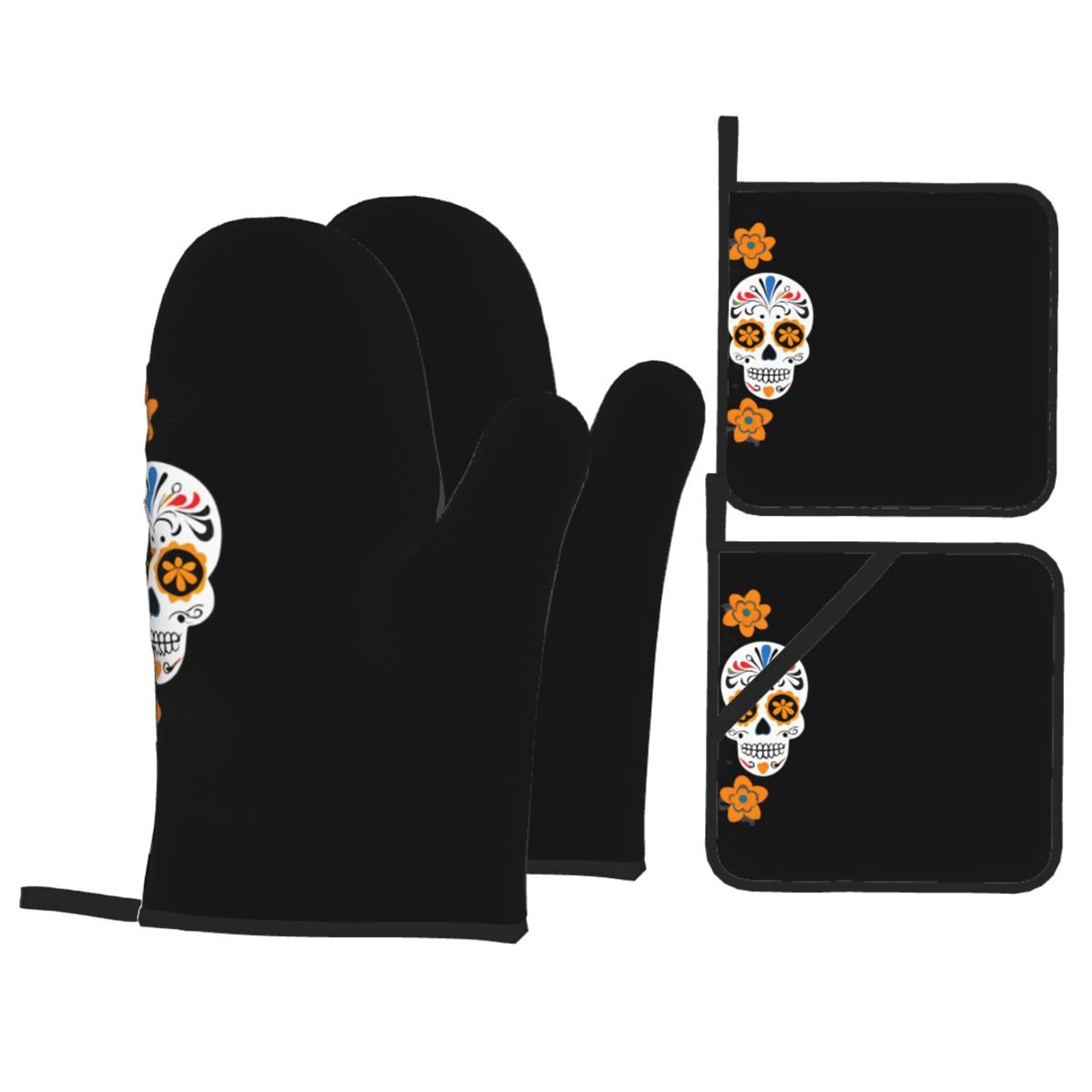 YYHWHJDE Smiling Skeleton Printed Kitchen Baking Set of 4 Thick Insulated Oven Mitt & Pot Holders, Anti-Scalding for Microwave, Oven, Outdoor BBQ