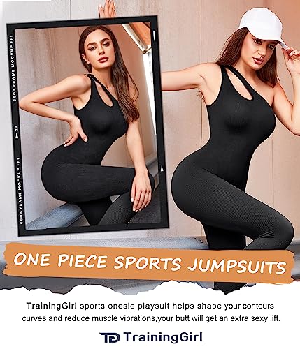 Traininggirl Women's Sports Jumpsuits One Shoulder Yoga Romper Sleeveless Tummy Control Bodysuits Workout Leggings Tracksuits #TOP2