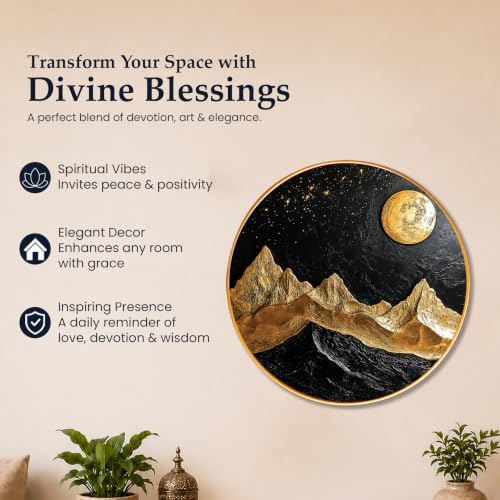 Image of PAINTINGMANTRA Golden Mountain Moon Vastu Framed Wall Art Painting For Living Room, Symbol of Stability, Mountain Poster with frame for Wall, Decoration item for bedroom & Home, 16 Inch