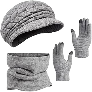 ZETIY Winter Warm Knitted Scarf Beanie Hat and Gloves Set Women's Soft Stretch Hat Circle Loop Scarf and Glove Set Berets Neck Warmer Gift Set