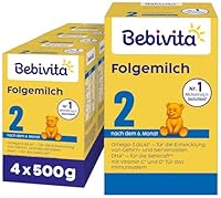 Bebivita 2 Folgemilch (4 x 500g), nach dem 6. Monat, mit Vitamin C und D, Omega-3 (DHA), altersgerecht sättigend