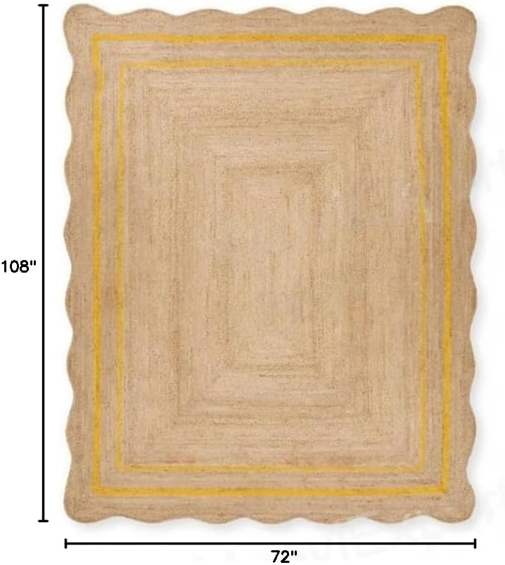 The Weaver House Natural Jute Scalloped Rug – Bohemian Handwoven Decor (3x4 ft, White)