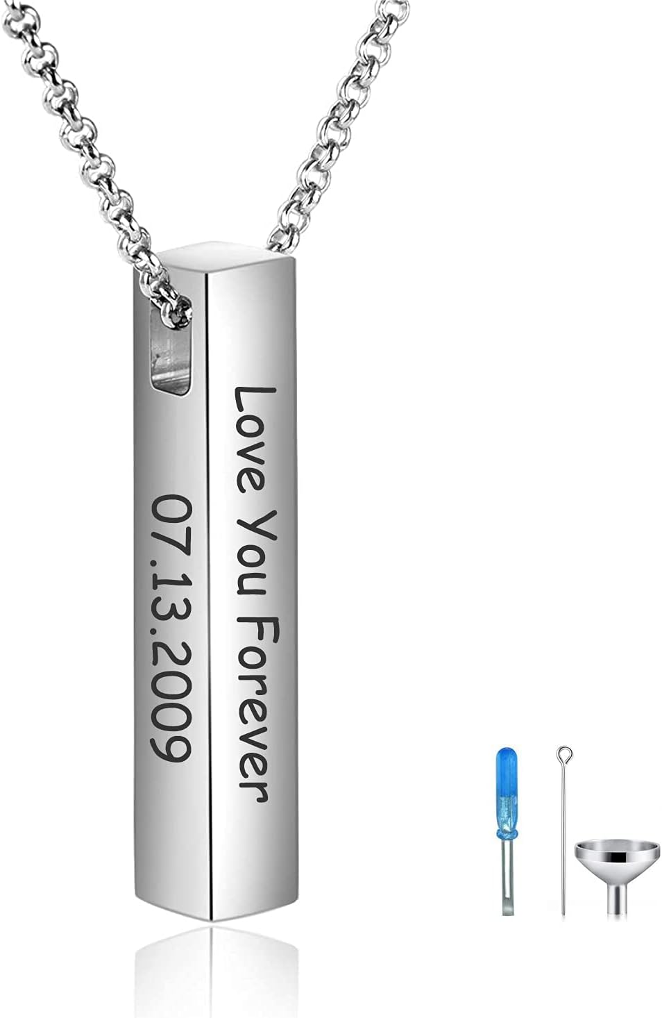 Personalized Engraved Name Cremation Urn Necklace 925 Sterling Silver Vertical 3D Bar Keepsake Ashes Hair Custom Engraving Memorial Jewelry