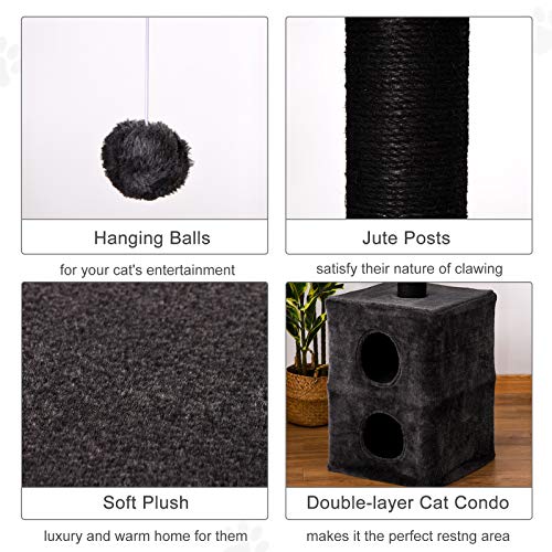 Pawhut Cat Tree Floor To Ceiling Condo W/Jute Scratching Post Dangling Ball Adjustable 86.5" H -96.5" H, Grey #TOP5