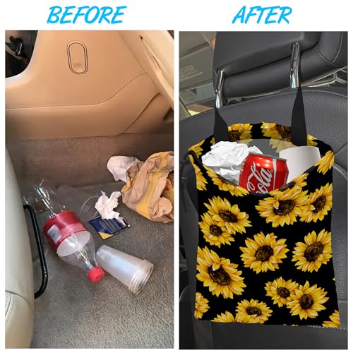 Image of Car Trash Bag Sunflower Car Garbage Bag Hanging Car Trash Can for Back Seat with Drawstring