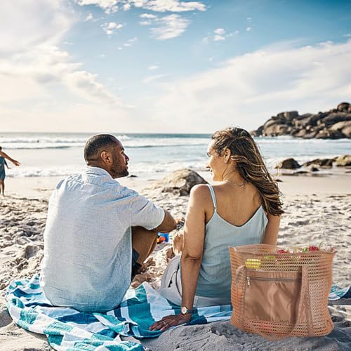CREATCABIN Mesh Beach Bag Beach Tote Handbag With Zipper Foldable Mesh Sand Free Bag Vacation Essentials for Pool Travel and Family Vacation Ton Of Storage Saddle Brown 16.54x13.78x7.09in4