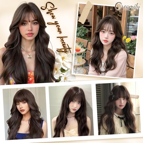 Image of Creamily Long Wave Hair Wig for Woman Full Head Brown Synthetic Heat Resistant Fiber with Bangs 20 Inches Layered Curly Wig for Women Replacement Wig Cosplay