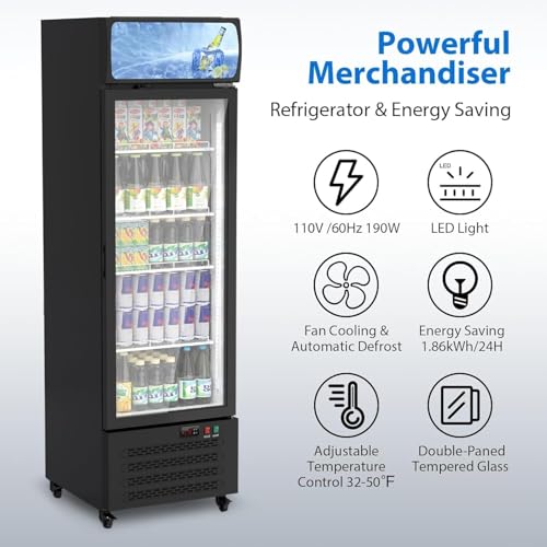 Image of Commercial Display Refrigerator with Single Glass Door, 11.3 Cu.Ft Upright Beverage Cooler with Adjustable Shelves, Soft LED Lighting, Merchandiser Fridge for Home, Restaurant, and Garage, Black | Upright Beverage Cooler, Adjustable Shelves, Soft LED Lighting, For Home, Restaurant, and Garage