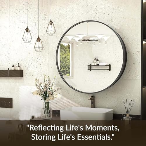 Image of iSTAR Round Bathroom Mirror Cabinet with Storage, HD Silver-Coated Wall Mounted Mirror with Shelves for Bathroom & Washroom (Black)