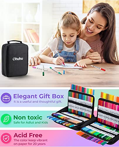 Ohuhu Kit de 216 marqueurs colorés d'art, pointe double, pinceau et
