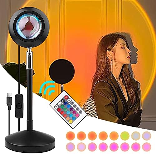 longziming Sunset Lamp, 16 Colour Adjustable Sunset Projection Lamp ,Rainbow Lamp with Remote 4 Dynamic Modes, 180 Degree Rotation Rainbow Projector Lamp Romantic Visual Led Night Light with USB