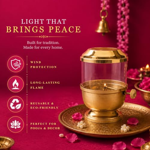 Image of Klassic 6 Inch Pure Brass Akhand Jyoti Diya with Glass Cover & Adjustable Bati Knob | Traditional Oil Lamp with Wick Lifting Screw Lever for Home Temple, Pooja Room, Diwali, Navratri & Daily Puja