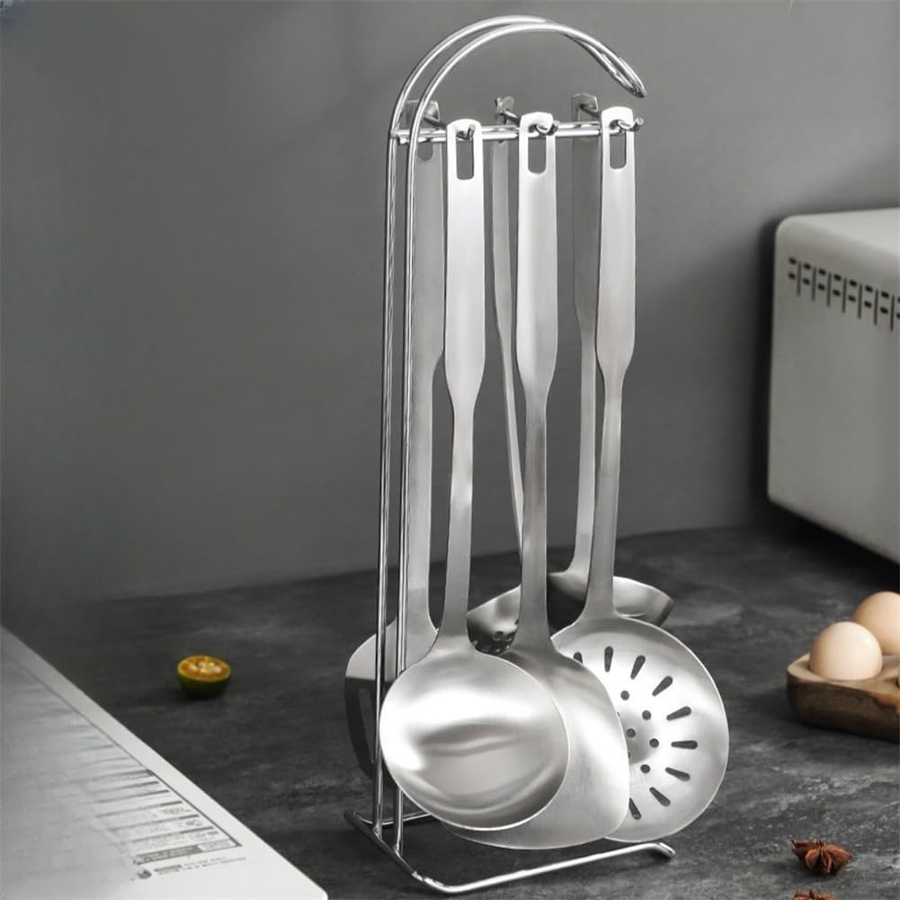 Set di utensili da cucina in acciaio inox, set di utensili da cucina in metallo da appendere, con supporto per utensili da cucina, spatola, cucchiaio, acciaio inossidabile