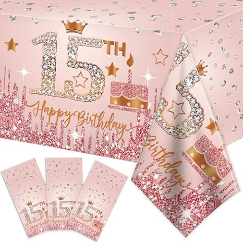 15th Birthday Decorations for Girls, 15th Birthday Tablecloth, Pink Happy 15th Birthday Decorations, Rose Gold 15 Birthday Table Cover for Birthday Party Supplies, 3pack 108 * 54inch Cover