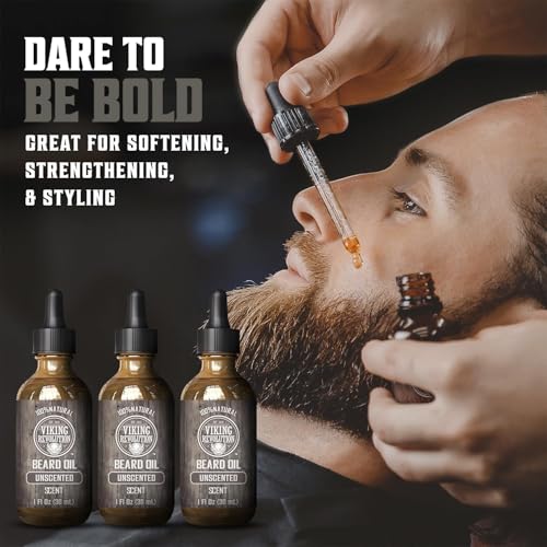 Image of Viking Revolution Beard Oil - Unscented - 1 fl oz (3 Pack) | 100% Natural Ingredients - Formulated with Argan Oil & Jojoba Oil - Softens Rough Hair & Hydrates Skin - 3 Pack Value