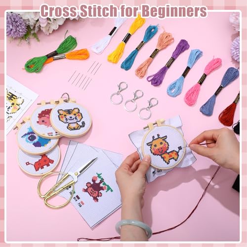 Image of Juinte 10 Pack Stamped Cross Stitch Beginners Kits for Kids Embroidery Starter Cross Kit with Woodland Animal Patterns DIY Needlepoint Sewing Set with Instruction for Key Chain Backpack Charms Craft
