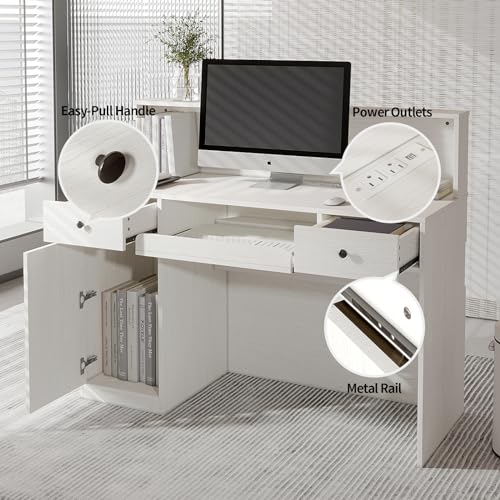 VOWNER Reception Desk with LED Lights and Power Outlets, Retail Counter Reception Counter Table with Drawers, for Salon Lobby Checkout Office, White (47.2" W x 18.7" D x 39.4" H)