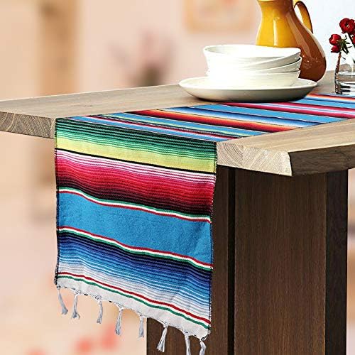 Hokic Mexican Table Runner Fringe Cotton Handwoven Mexican Serape Blanket Table Runner Mexican Fiesta Party Supplies Day of The Dead Party Decorations 14 x 84 Inch