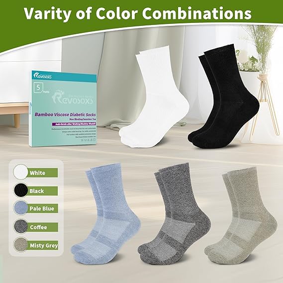 Image of Revosoxs Diabetic Crew Socks for Men Women,Bamboo Viscose Non-Binding Loose Top Wide Socks with Seamless Toe 9-12 10-13