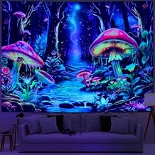 Yuiqear Blacklight Mushroom Tapestry Fantasy Forest Tree Tapestries UV Reactive Floral Plant Tapestries Neon Glow in The Dark Tapestry Wall Hanging for Bedroom Aesthetic Decor