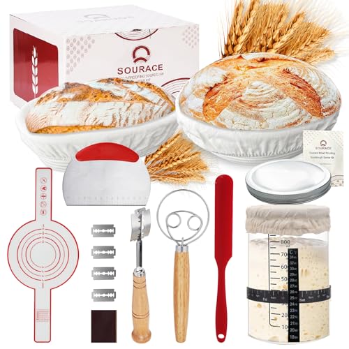 Complete Sourdough Starter Kit,10 Inch Round & 9 Inch Oval Banneton Sourdough Bread Baking Supplies With Sourdough Starter Jar, Sour dough Starter Kits for Women, Men, and Bread Bakers
