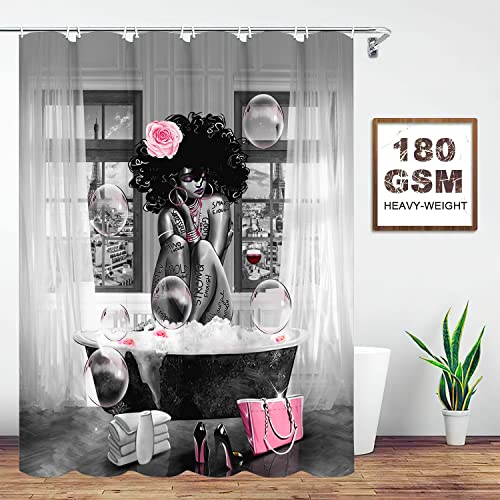 Tyakasha African American Woman Shower Curtain Waterproof Polyester Fabric Shower Curtain For Bathroom Grey Bathroom Curtain Machine Washable Quick Dry 72 X 72 Inches With 12 Hooks #TOP1