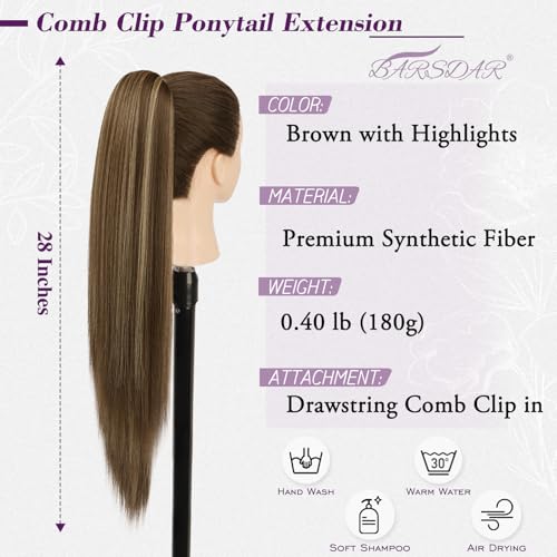 BARSDAR Raides Extension Queue de Cheval, 70cm longue Ponytail Extensions avec Cordon Naturel Synthétique Cheveux Cheer Posh Queue de Cheval Postiche Extension Cheer Competition - Marron avec Blond – vue 2