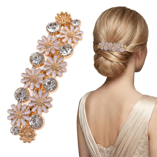 Horquilla de Pelo Mujer Elegante con Margarita Blanca y Brillantes, Pasador de Aleación Vintage para Boda y Fiesta, Pinza de Pelo para Niñas y Señoras 6,4 x 1,9 cm