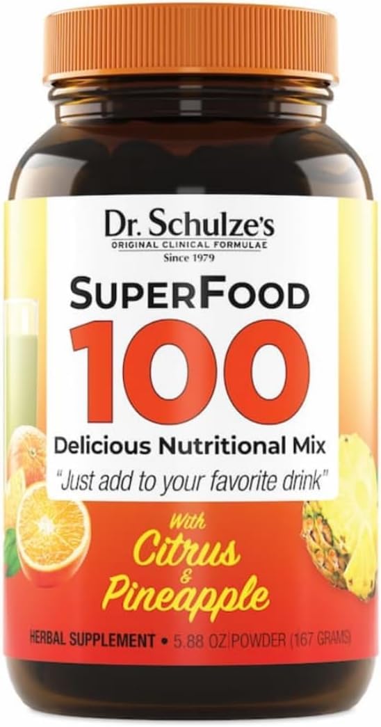 Dr. Schulze's Superfood 100 - Everyday Superfood Supplement to Support Overall Wellness - Multivitamin for Nutrition & Energy - Gluten & Dairy-Free - Citrus Pineapple Flavor Powder - 30 Servings