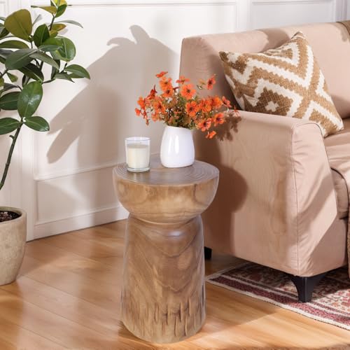 Athaliah 19”H Rustic Tree Stump Side Table – Natural Wooden End Table, Round Wood Accent Stool for Living Room, Patio, Garden, Balcony, or Home Decor（Natural Color）