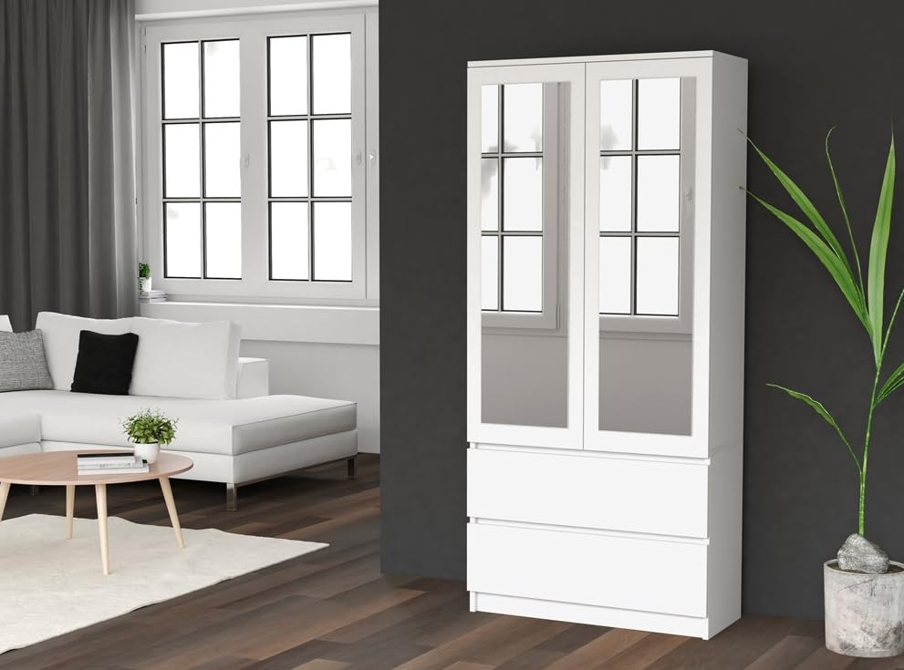 BDW Armario con espejo, 90 x 180 x 50 cm, 2 cajones, 4 estantes, ideal para un dormitorio, pasillo, habitación infantil u oficina, perchero, perchero (blanco)