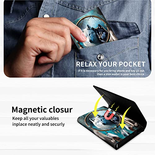 DEGDFSGR Credit Card Holder Aluminum Auto Pop Up Wallet Case,Leather Card Case Front Pocket Trifold Wallet with RFID Blocking Banknote Slot Thin Wallets for Women Men Girl, Wind Chime Wolves4