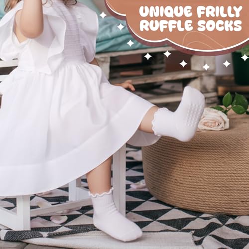 3 Pairs Girls Toddler Ruffle Socks - Baby Anti-slip Socks with Cute Grip Ruffle Frilly Dress Crew Design4