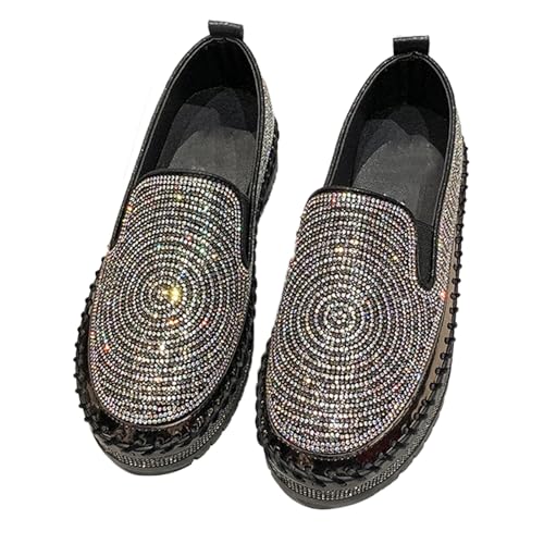 Women's Rhinestones Platform Loafer Comfort Round Wide Toe Slip On Sparkle Walking Shoes Handmade Non-Slip Fashion Sneakers