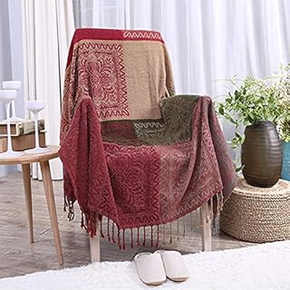 ele ELEOPTION Chenille Throw Blanket, Jacquard Tassels Throw Blanket Sofa Chair Cover Decorative for Bed Couch Soft Chair, Folk Tribal Pattern (Red Grid, 150 x 190 CM)