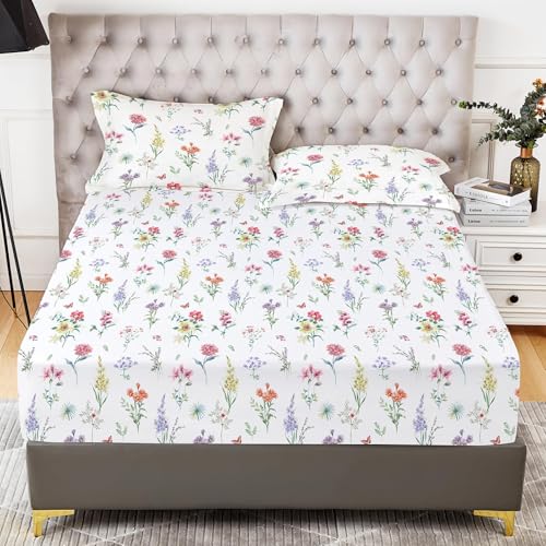 YIYEA Floral Fitted Sheet with Pillowcase, Premium Double Brushed Microfiber Fitted Bottom Sheet, 16" Deep Pocket, Ultra Soft, Shrinkage, Fade Resistant, Twin Size