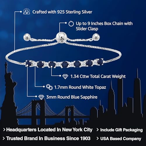 Gem Stone King 925 Sterling Silver Blue Sapphire and White Topaz Tennis Bracelet For Women (1.34 Cttw, Gemstone Birthstone, Fully Adjustable Up to 9 Inch)2