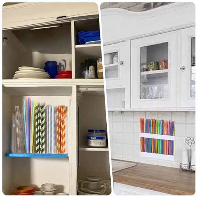 Straw Holder for Cabinet,Transparent Acrylic Straw Dispenser with Double Sided Adhesive Tape, Reusable Tumbler Straws Storage Dispenser for Kitchen Counter Cupboard Door (Transparent)