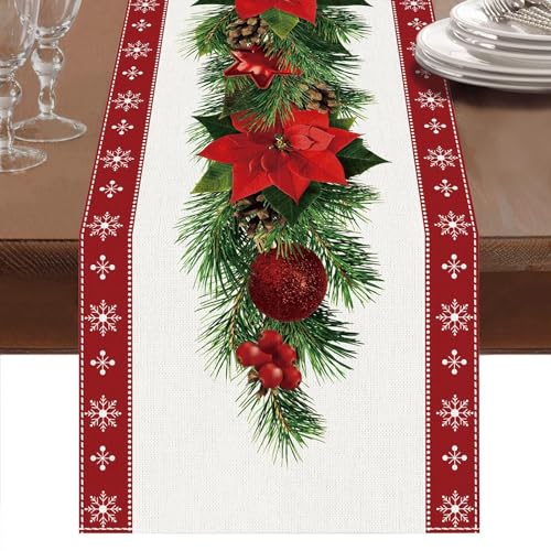 Camino de mesa de Navidad, lavable, moderno, invierno, cocina, comedor, decoración, correa roja con flores rojas, diseño de campanas, para cena de Navidad, decoración de mesa (230 x 33 cm)
