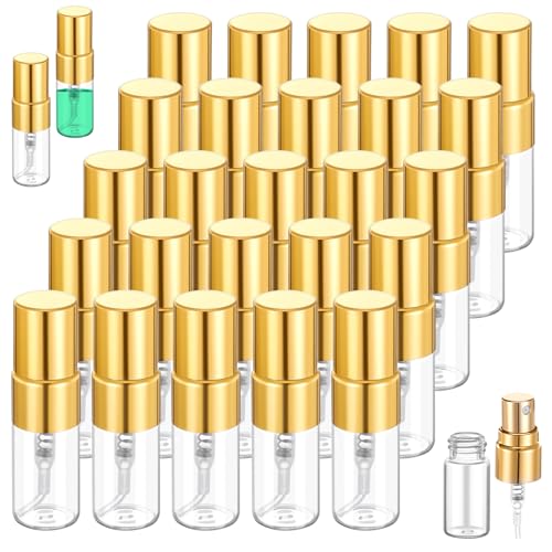 50Pcs 2ml Atomizer Glass Spray Bottle Empty Perfume Bottles Clear Atomizer Sprayer for Perfume Sample Bottles Empty Tiny Spray Bottle Refillable for Travel Fine Mist (Gold Cap)