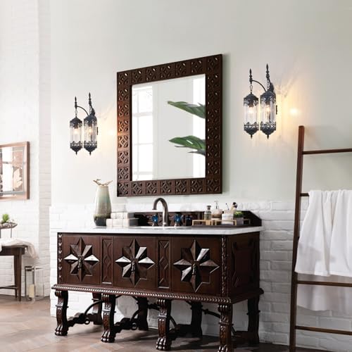 Image of Rustic Glass Wall Sconce Vintage Antique Gothic Wall Light Fixture Retro Farmhouse Mid Centry Lantern Wall Sconce for Bedroom, Living Room, Mirror, Black