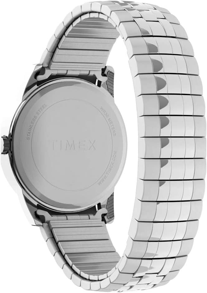 Tilbage view of Timex Easy Reader 38mm watch showing the stainless steel expansion band.