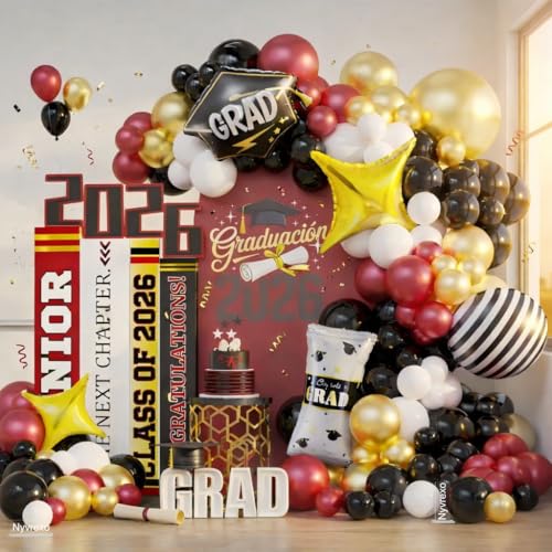 Image of Graduation Balloon Garland Arch Kit 2026, 150Pcs Burgundy Black Gold White Balloons for Class of 2026 Celebration Graduation Party Decorations, Congrats Grad Backdrop Decor
