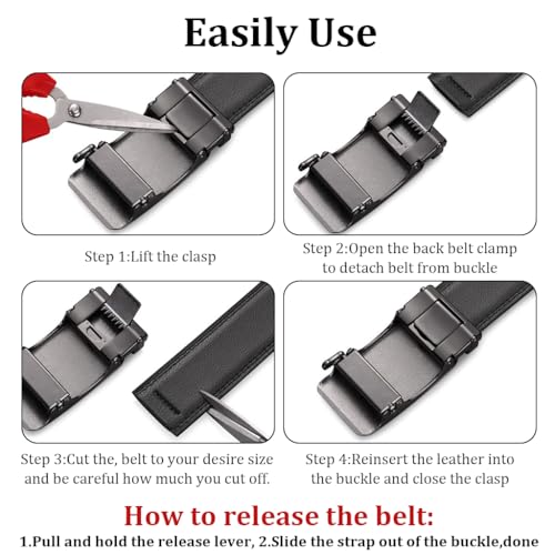 Image of GUSTAVE Leather Belt for Men Formal Belts for Man, Mens Fashion Casual Business Black Belt for Men Jeans, Auto-Lock Gold Metal Buckle, 130cm /51'' Length, No Punch Hole